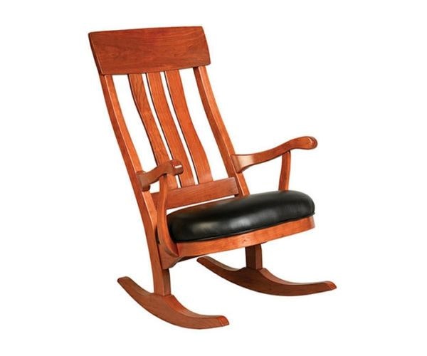 Amish Linneus Hardwood Modern Rocker shown in Cherry Wood and Black Leather