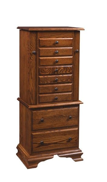 Amish 48 Kaleva Deluxe Jewelry Armoire with Clock Base shown in Oak Wood with Michaels Cherry Finish.