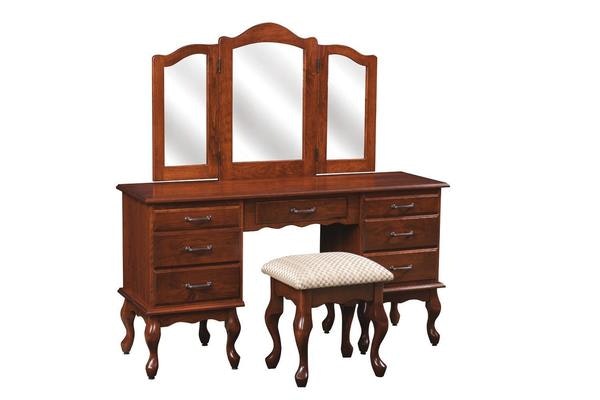 Amish Oxford 56 Vanity Dressing Table with Trifold Mirror shown in Sap Cherry with Burnt Umber Finish.