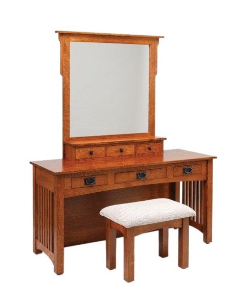 Amish 60 Lynchburg Mission Vanity Dressing Table Shown in Quarter Sawn White Oak Wood with Michaels Cherry Finish.