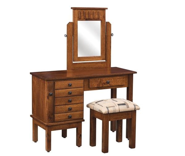 Amish Lynchburg Mission Jewelry Dressing Table with Mirror shown in Quarter Sawn White Oak Wood with Asbury Brown Finish.