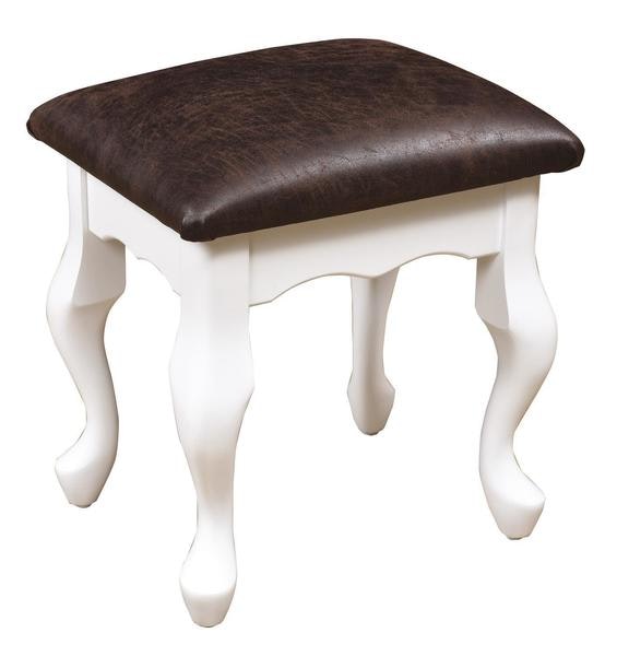 Amish Oxford Upholstered Vanity Stool painted white and leather seating and Queen Anne styled legs