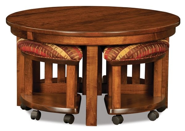 Amish Round Lift Top 5-Piece Nesting Coffee Table Set with Ottomans Shown in Brown Maple with Asbury Brown Stain