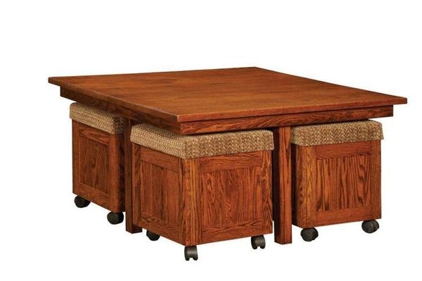 Amish Square Lift-Top Coffee Table Set with Storage and Ottomans Shown in Oak with Michaels Cherry Stain