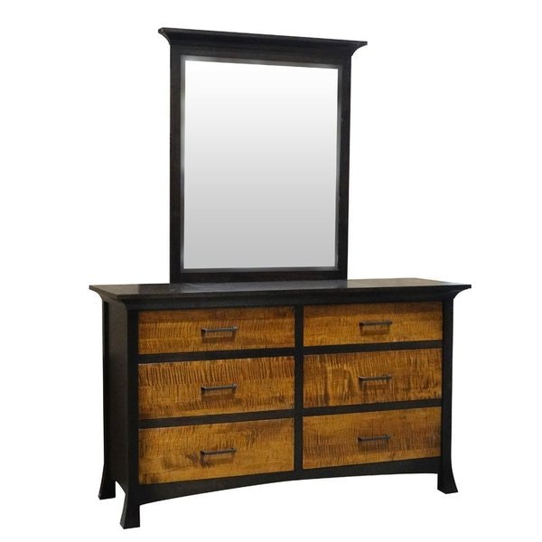 Amish 62 Wide Lionel Bedroom Dresser shown in Tiger Maple with Michaels Cherry Finish | Brown Maple with Onyx Finish