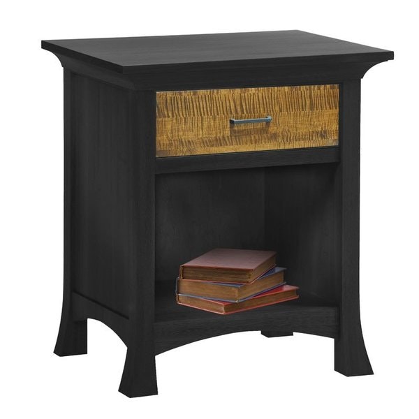 Amish 26 Wide  Lionel Open One Drawer Nightstand shown in Tiger Maple with Michaels Cherry Finish | Brown Maple with Onyx Finish