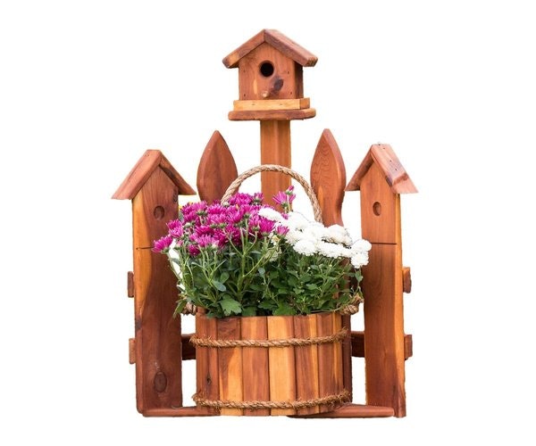 Amish Decorative Small Corner Picket Fence Planter with Wren Birdhouse