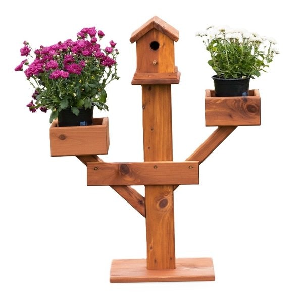 Amish Made Small Cedar Wood Bluebird House and Planter Post Stand