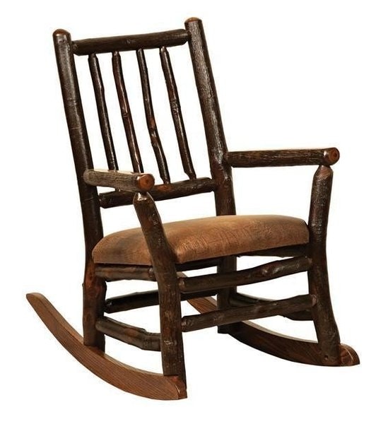 Amish Rustic Hickory Log Appalachian Childs Rocking Chair with Upholstered Seat shown with Asbury Brown Stain