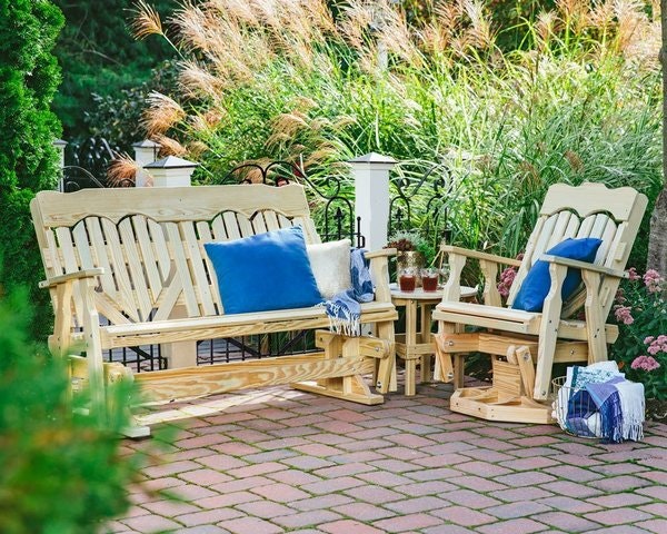 Amish Leisure Lawns Pine Wood High Back Heart Glider Bench