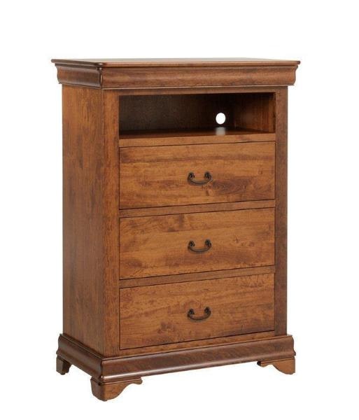 Amish 54 Tall Romeo Chest of Drawers with DVD Shelf shown in Rustic Cherry with Michaels Cherry Finish