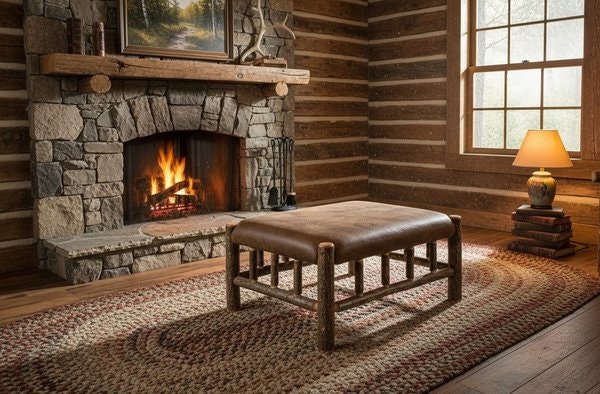 Amish Handcrafted Lodge Rustic Hickory Log Ottoman