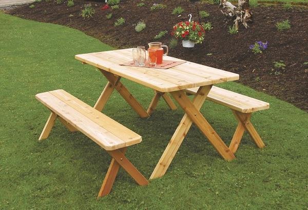 Amish Cedar Wood Crossleg Table with Benches Patio Set