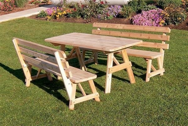 Amish Cedar Wood Table with Two Backed Benches