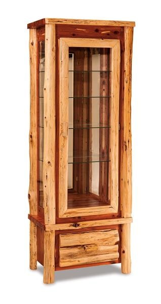 Amish Country Lodge Rustic Log Curio Cabinet with Touch Light
