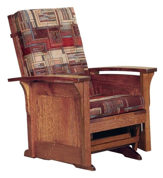 Amish Winthrop Wooden Glider Chair with Solid Panel Sides and Upholstered Back and Seat Cushion.