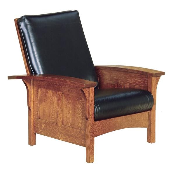 American Winthrop Panel Bow Arm Mission Morris Chair with Paneled Sides, Slatted Back, and Upholstered Back and Seat Cushions.