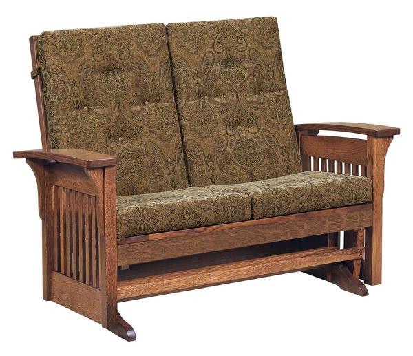 American Winthrop Slat Loveseat Living Room Glider shown in oak wood with our Myth fabric.