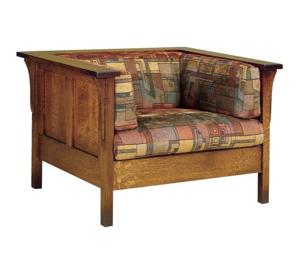 Amish Mission Olalla Wood Panel Accent Chair with Reversible Fabric Seat Cushions.