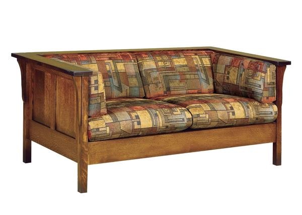 Amish Mission Olalla 65 inch Wood Panel Loveseat Sofa shown in a quarter sawn white oak wood with Michaels cherry finish.