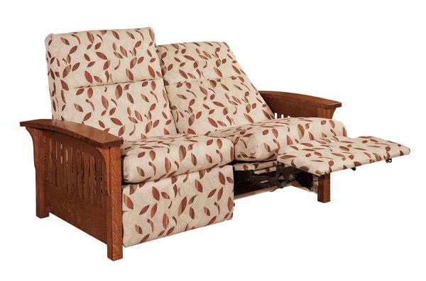 Amish Celista Mission62.5 inch Reclining Loveseat with Slatted Hardwood Sides and Upholstered Back and Seat Cushions.