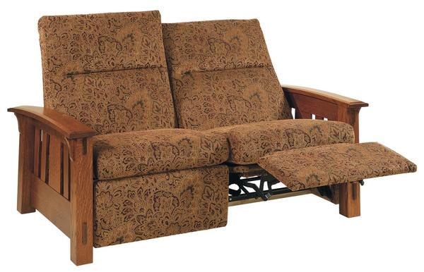 Amish Trinity Mission Wall Hugger Reclining 62 1/2 inch Loveseat Sofa with Upholstered  Back and Seat Cushions.