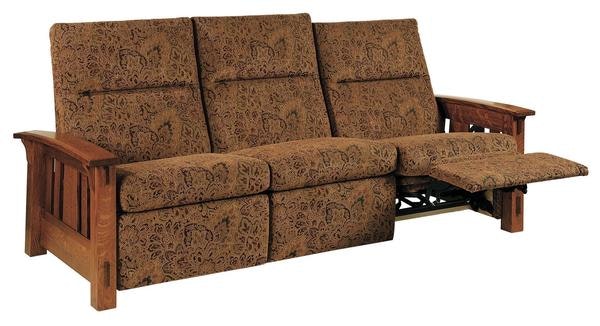 Amish Trinity Mission 87.75 inch Wall Hugger Reclining Sofa with 2 end Reclining Seats.
