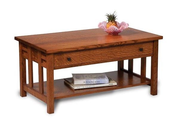 Amish 42 Wide Pure Mission Open Coffee Table with Drawer and Bottom Shelf