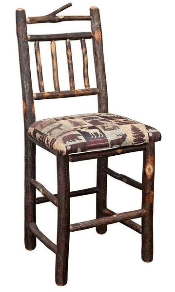 Amish Rustic Hickory Log Counter and Bar Stool with Branch Top