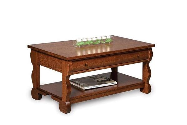 Amish 42 Wide Gleam Rectangular Coffee Table with Drawer and Bottom Shelf