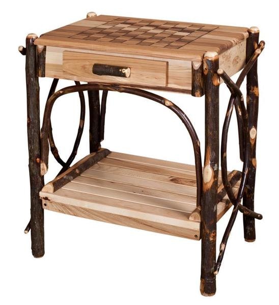 Amish Rustic Hickory Checker and Chess Game Table with Storage Drawer