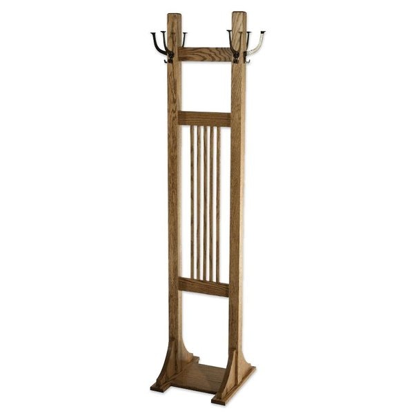 Red Oak Mission Style Double Coat Rack with Mission Hooks and Medium Walnut Finish