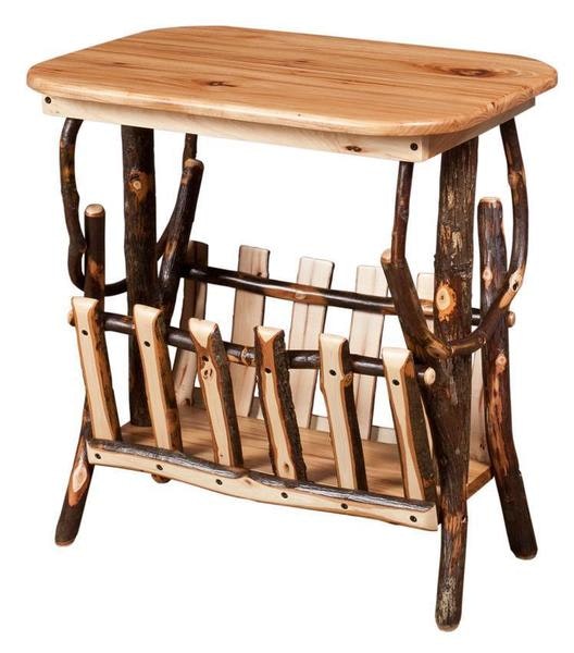 Amish Handcrafted Rustic Hickory Twig End Table with Magazine Rack shown in Hickory Natural