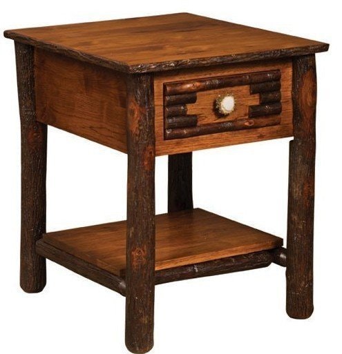 Amish Cane Creek Rustic Hickory Log End Table with Antler Knob