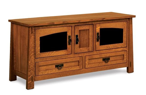 Amish Enchant Mission 60 TV Stand with Solid Tapered Sides, Smoked Glass, and 1 Adjustable Shelf Behind Doors