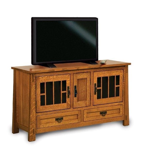 Amish Enchant 60 Mission TV Stand with Smoked Glass and 1 Adjustable Shelf Behind Each Door