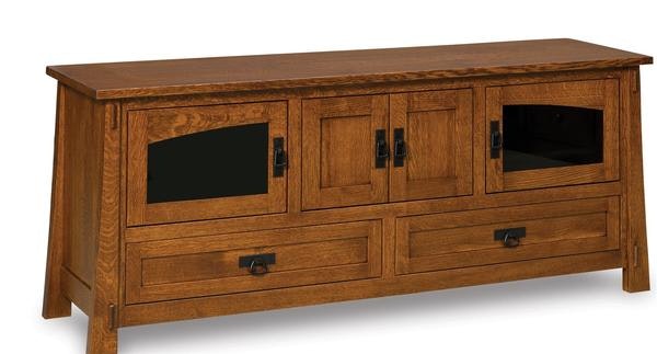 Amish 72 Wide Enchant Mission TV Stand with Four Doors, Two Drawers, and Smoked Glass