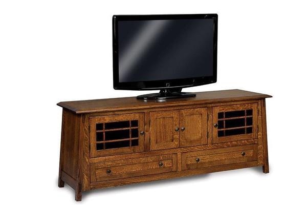 Amish 73 Spark Mission TV Stand with Smoked Glass, Tapered Sides, and 1 Adjustable Shelf Behind Doors