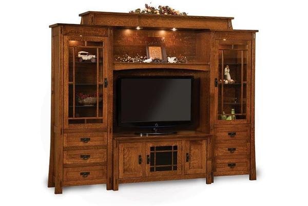 Amish Enchant Hardwood Mission 5-Piece Entertainment Center Wall Unit with Smoked Glass and Touch Lighting