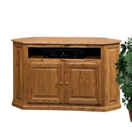 Amish Zeal Corner TV Stand with Sound Bar Shelf shown in Oak with Nutmeg Stain