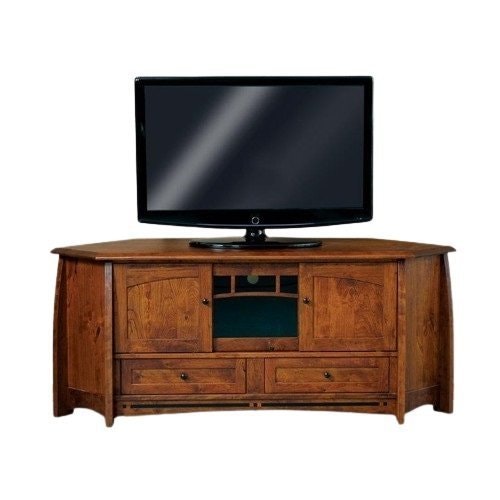 Amish 69 1/2 Wide Wood Grove Mission Corner TV Stand shown in Rustic Cherry with Michaels Cherry Finish.