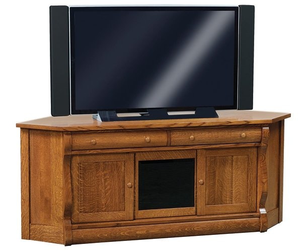 Amish 69 1/2 Wide Gleam Corner TV Stand shown in Quarter Sawn White Oak with Michaels Cherry Stain