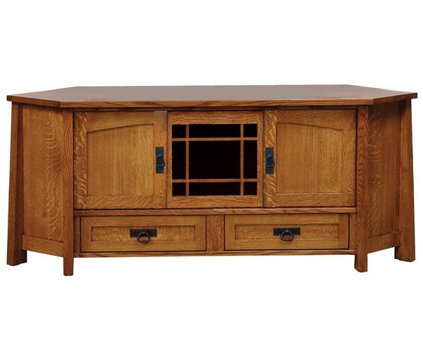 Amish Enchant Mission Corner TV Stand shown in Quarter Sawn White Oak with Michaels Cherry Stain