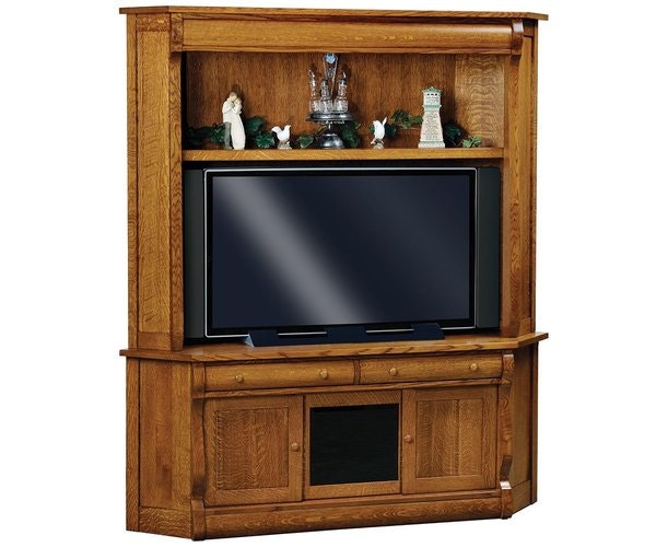 Amish Gleam Hardwood 2-Piece Corner Entertainment Center shown in Quarter Sawn White Oak with Michaels Cherry Stain