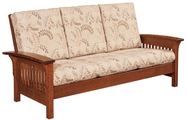 Amish 77 Hill Mission Sofa with Slatted Hardwood Sides and Upholstered Seats and Reversible Back Cushions.