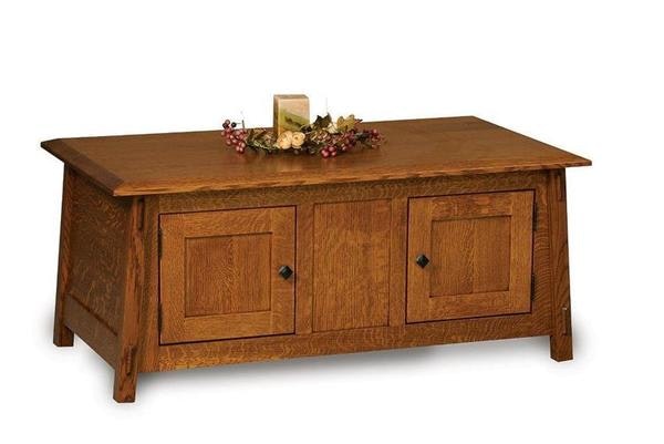 Amish 46 Wide Spark Mission Coffee Table Cabinet with Exposed Mortise and Tenon Joints and Tapered Lines