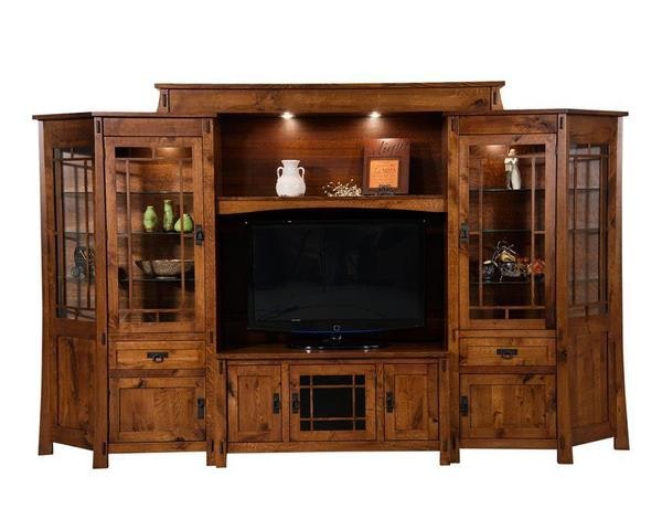 Amish Enchant Mission 6-Piece Entertainment Center Wall Unit with 6 Adjustable Glass Shelves and 1 Adjustable Shelf Behind Each Door
