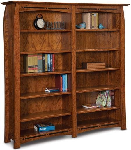 Amish 72 1/4 Wide Wood Grove Mission Double Bookcase with Inlays and 10 Adjustable Shelves