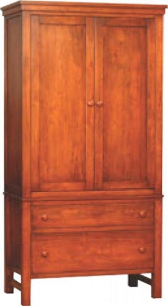 Amish Cabin Creek armoire with two doors, two drawers, and handcrafted hardwood construction in a tall vertical design.