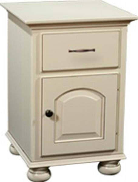 Amish nightstand with one drawer, one door, and bun feet, shown in a soft painted finish.